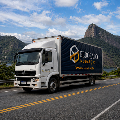 Caminhão baú da Eldorado Mudanças em rodovia, representando mudança interestadual com transporte seguro para todo o Brasil