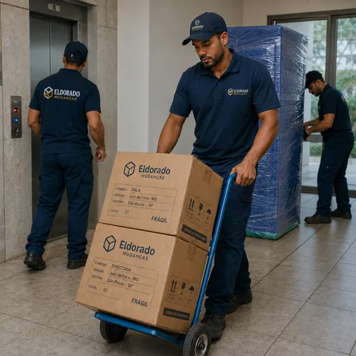 Empresa de mudanças em Juiz de Fora realizando mudança residencial e comercial com equipe uniformizada, caixas identificadas e móveis embalados.
