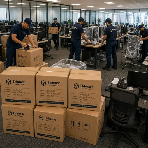 Mudança comercial local e interestadual com equipe uniformizada embalando computadores, cadeiras e caixas em escritório de empresa.